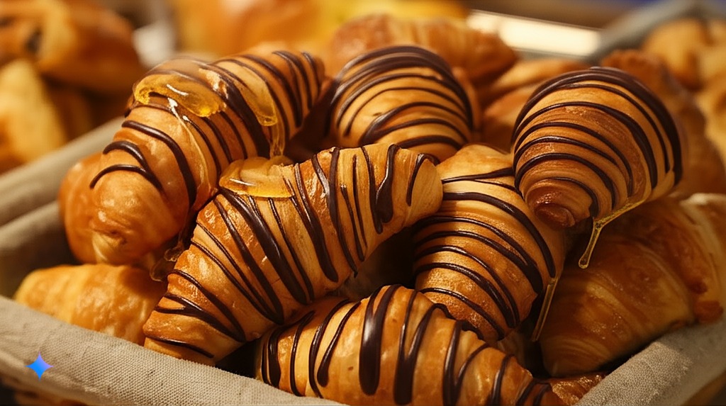 Chocolate drizzled croissants with honey